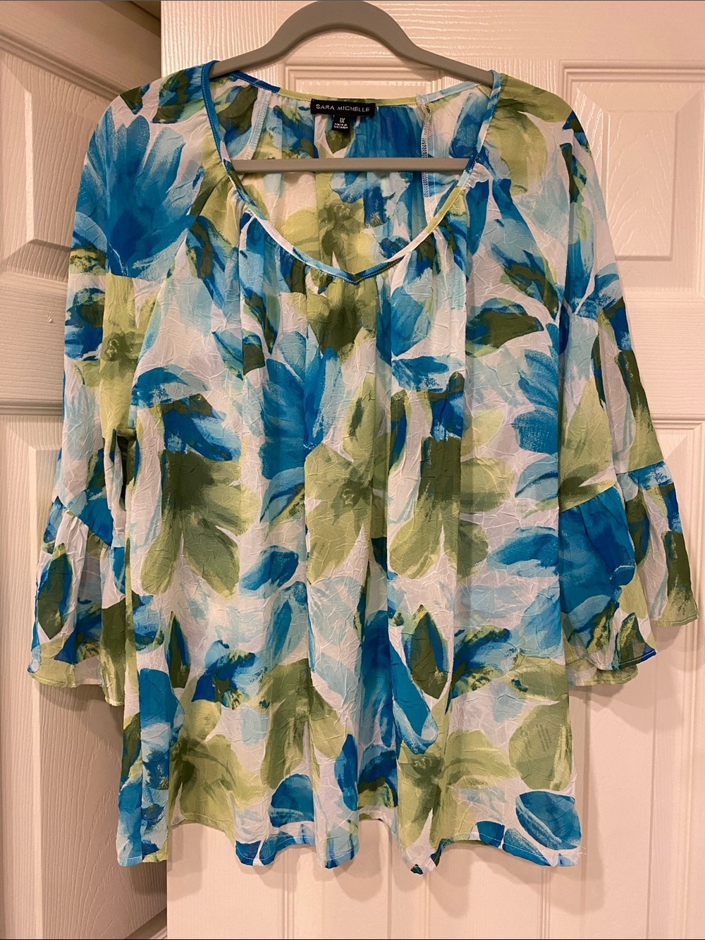 Sara Michelle Blue & Green Floral Peasant Blouse